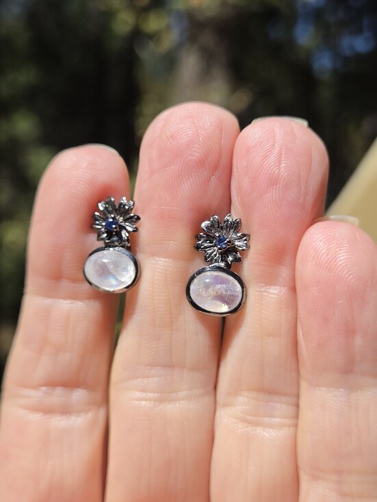 Celestial Kharma Collection Jewelry - Moonstone 4k & Sapphire Sterling&Rhodium Floral Drop Earrings